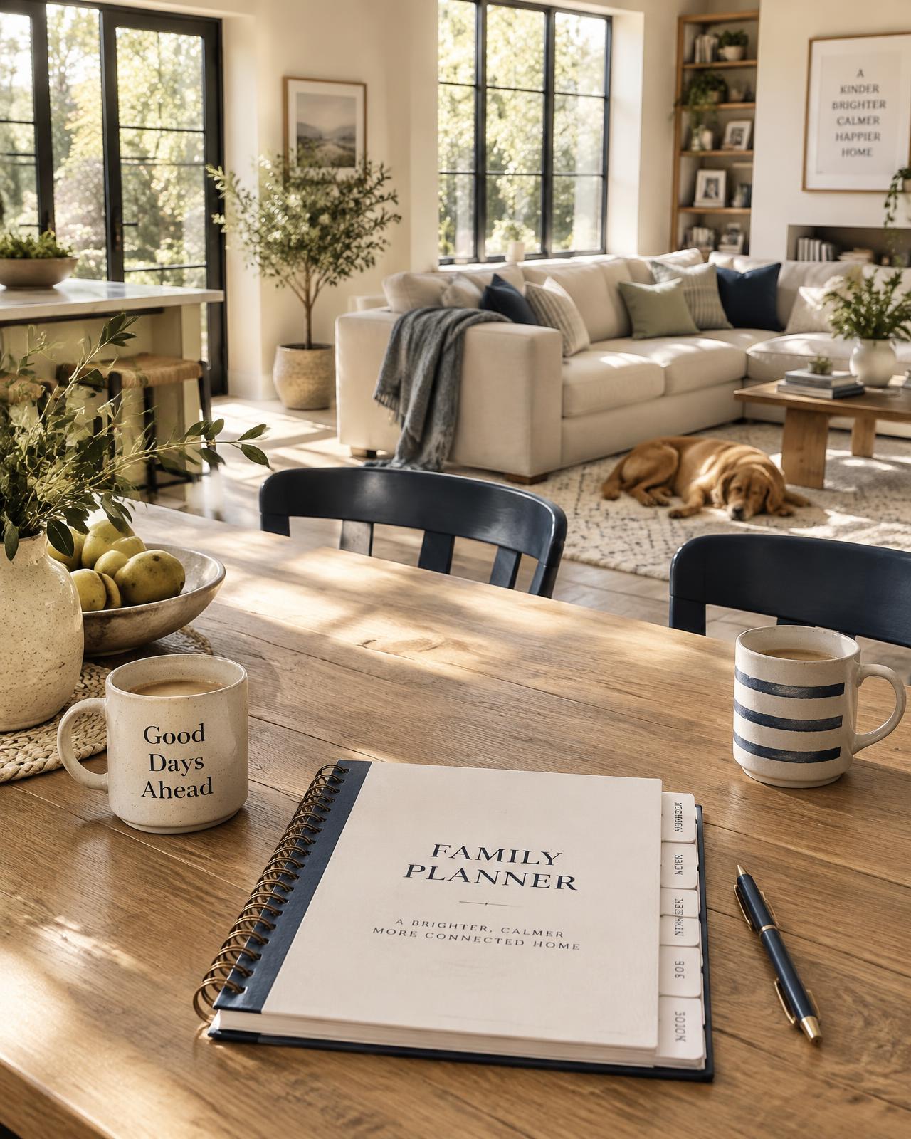 A sunlit family kitchen table with a planner and coffee